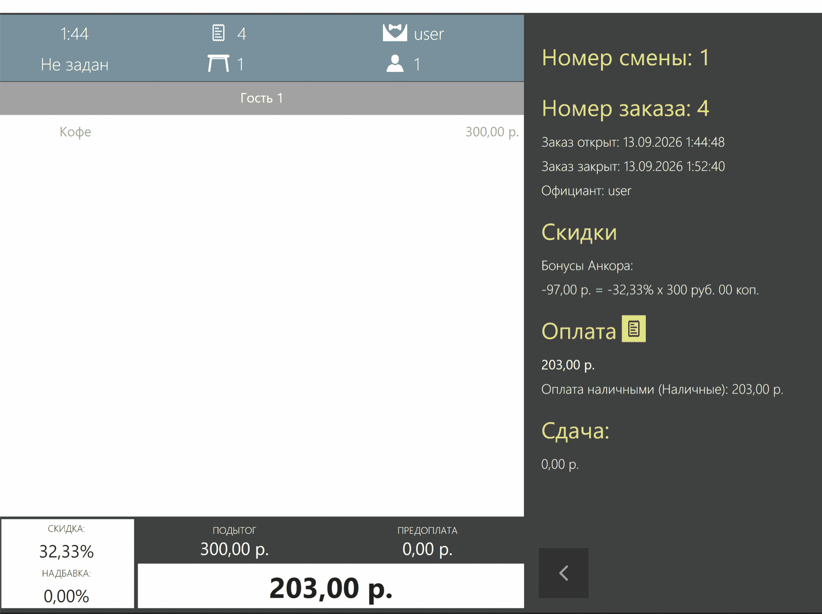 Карточка закрытого заказа: скидка «Бонусы Анкора» −97 ₽ и оплата наличными 203 ₽